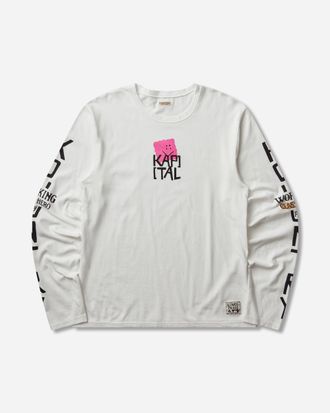 KAPITAL Men s 20/-Jersey Crew Longsleeve T-Shirt (Peckish Kap) White / Pink