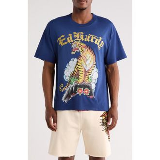 Ed Hardy Rhinestone Tiger Mountain Boxy Graphic T-Shirt in Sunfade Navy at Nordstrom Rack, Size Medium