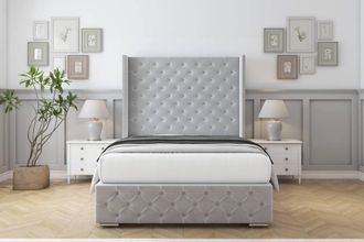 Sloomy Arundel Plush Bed Frame With 50 Upholstered Wingback Headboard in Silver | Size: Small Double
