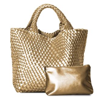 Generic Dyalsa Woven Tote Bag for Women, Vegan Leather Handbag Large Summer Beach Bag and Purse Retro Handmade Travel Shoulder Bag (Gold)
