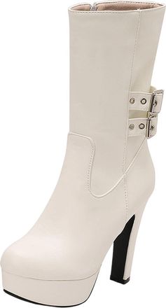 Generic White Women Punk Inspired Boots with Thick High Heel and Double Buckle Strap Great for Cool Weather Ensembles