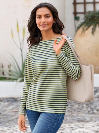 Casual Looks Langarmshirt CASUAL LOOKS Shirt, Damen, Gr. 36, bunt (schilf, marine, geringelt), 100% Baumwolle, gemustert, gestreift, mehrfarbig, U-Boot-Ausschnitt,