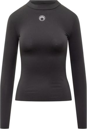 Marine Serre Moon Logo Strass Jersey Top met Lange Mouwen en Hoge Hals - Dames - Longsleeves - Zwart - M - Tweed - Tops