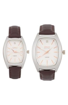 Jones New York Two-Piece Diamond Accent Tonneau Faux Leather Strap Watch His & Hers Set in Brown at Nordstrom Rack