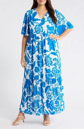 Sugarlips Maci Floral Lody Flare Maxi Dress in White-Blue-Multi at Nordstrom, Size 2X