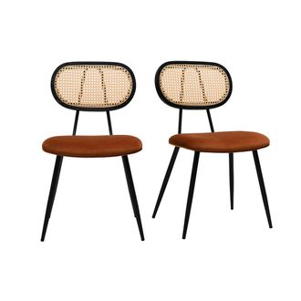 Miliboo Sillas De Dise&ntilde;o En Terciopelo Tierra Quemada, Metal Negro Y Rat&aacute;n De Ca&ntilde;a (juego De 2) Swann
