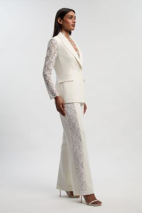 Karen Millen Womens Compact Stretch Lace Mix Tailored Wide Leg Trouser - White - Size 12 UK