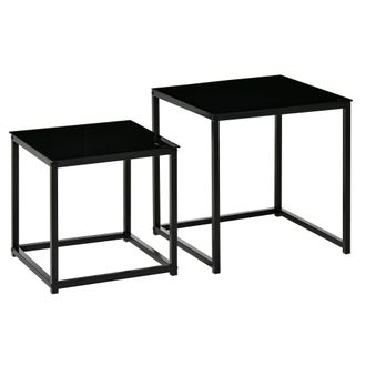 HOMCOM Nest of 2 Side Tables - Set of Modern Bedside Tables with Tempered Glass Desktop for Living Room - Bedroom - Office - Black - Home Living | TJ Hughes