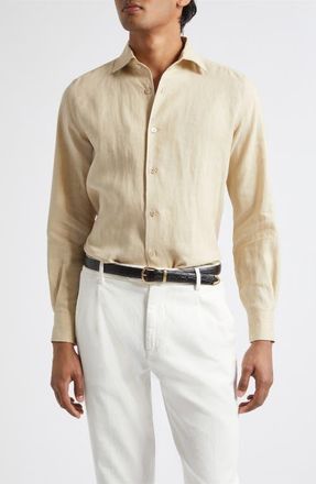 Eleventy Linen Button-Up Shirt in 102 Coriander at Nordstrom, Size Xx-Large