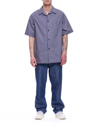 Hev&ograve; Blue Navy Novoli Striped Cotton Overshirt