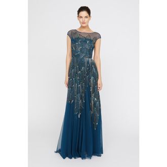 Theia Ava Beaded Cap Sleeve Bateau Neck Sequin Gown in Aquamarine at Nordstrom, Size 6