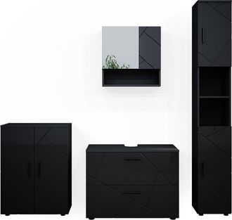 Vicco Conjunto De Muebles De Ba&ntilde;o Irma, Antracita Alto Brillo, 4 Piezas, Con Cajonera Y Mueble Alto