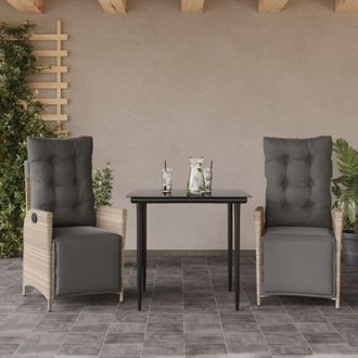 vidaXL Set Comedor De Jard&iacute;n 3 Pzas Cojines Rat&aacute;n Sint&eacute;tico Gris Claro Vidaxl