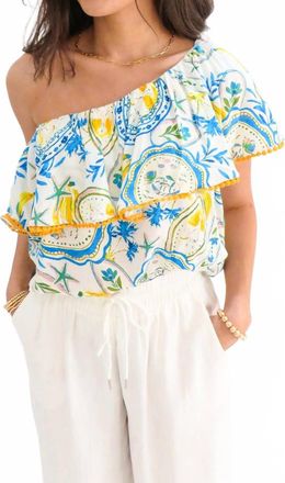 Sugarlips Havana Banana One Shoulder Ruffle Top In Blue/yellow