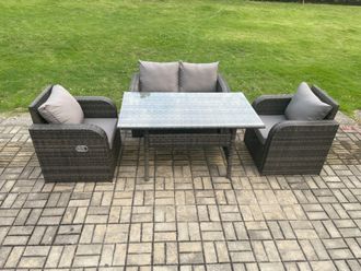 Fimous Rattan Garden Furniture 4 Piece Grey Patio Furniture Set Patio Conservatory 4 Seater Set Outdoor Rectangular Table & Chairs in Dark Grey