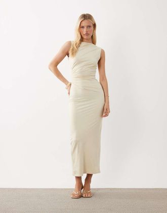4th & Reckless Vestito lungo aderente senza maniche color panna arricciato in vita con scollo a barchetta-Bianco