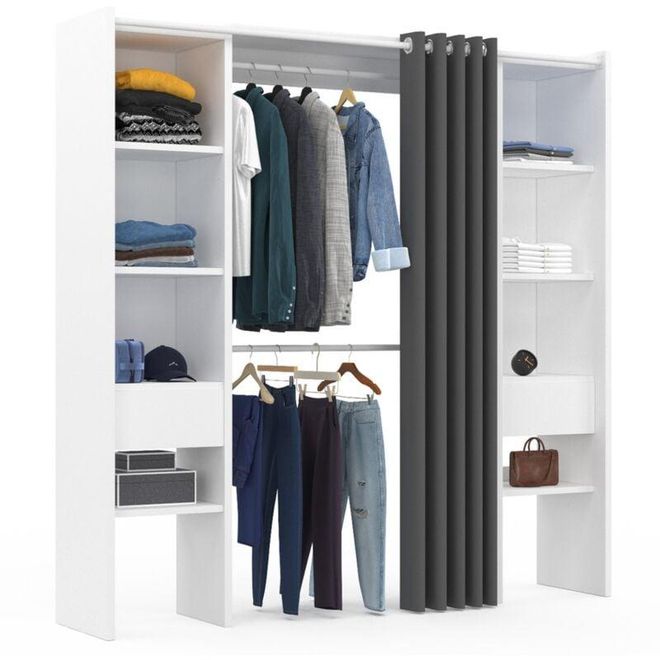 Meuble Storage Blanc Dressing Extensible Marty 120-170 Cm - Blanc Avec Étagères Bois, Penderie Double Et Rideau Taupe Dressing Modulable