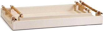 Two's Company Set of 2 Cream Decorative Rectangle Trays With Bamboo Handles