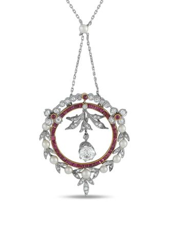 Luxury Bazaar Collana con pendente in oro giallo 18kt, platino, diamanti e rubino - Argento