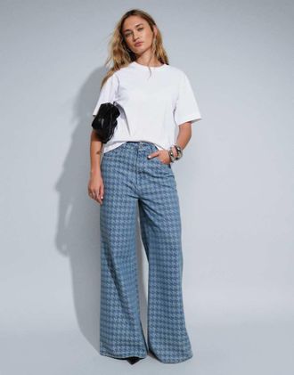 Asos jeans a gamba larga con dettaglio pied de poule-Blu