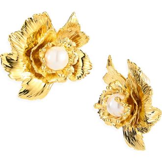 Oscar De La Renta Wild Poppy Faux Pearl Clip-On Earrings in Gold at Nordstrom
