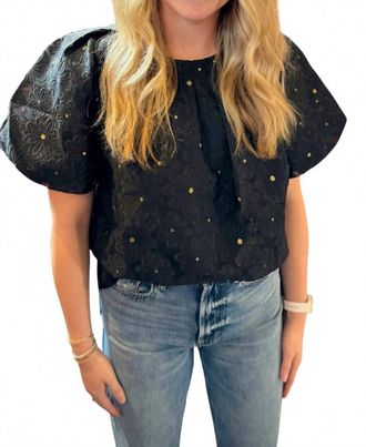 Jade Yoga Pleated Puff Sleeve Top In Black Organza