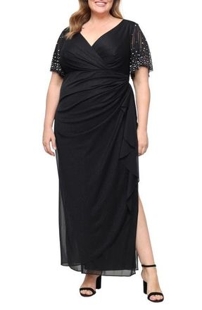 Alex Evenings Metallic Embellished Flutter Sleeve Cocktail Dress in Black at Nordstrom, Size 22W