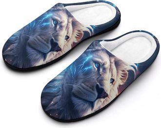 Generic Lion And Thunder Cotton Womens Slip-on Slippers Winter Warm House Shoes with Rubber Sole for Home Office Hotel