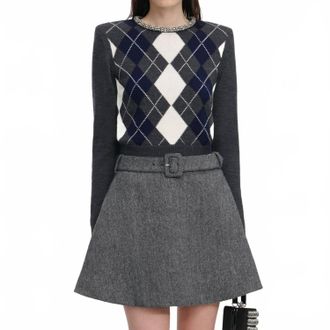 Self Portrait Argyle Crystal Trim Jumper In Grey