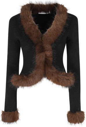 Self Portrait Black Faux Fur Trimmed V-Neck Cotton-Blend Cardigan