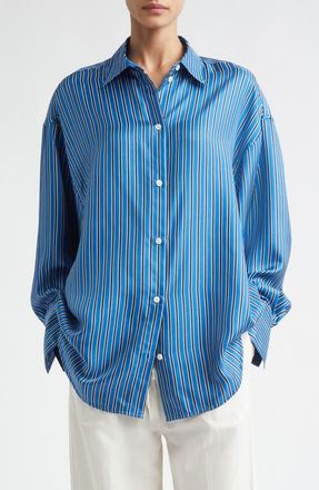 Toteme Oversize Stripe Silk Button-Up Shirt in Blue/Navy at Nordstrom, Size 10 Us