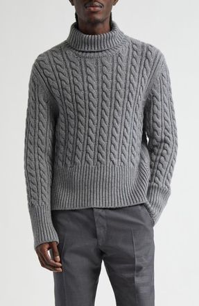 Thom Browne Classic Cable Knit Cashmere Turtleneck Sweater in Light Grey at Nordstrom, Size 2