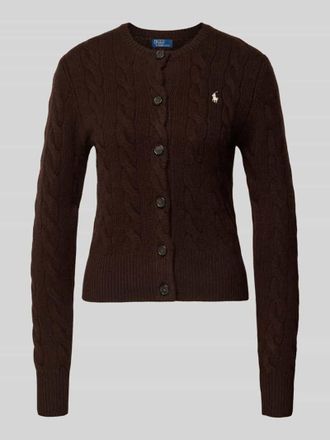 Polo Ralph Lauren Strickjacke aus Wolle-Kaschmir-Mix mit Zopfmuster in Dunkelbraun, Gr&ouml;&szlig;e XS