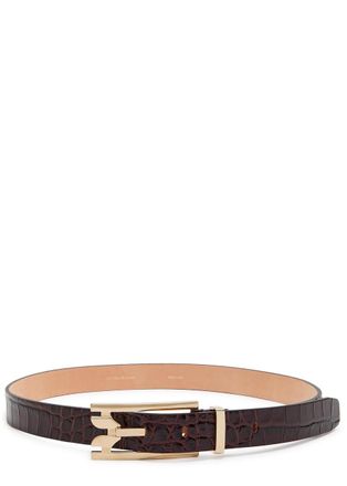 Victoria Beckham Dorian Pin Buckle Crocodile-effect Leather Belt - Dark Brown - 100 (UK18 / Xxl)
