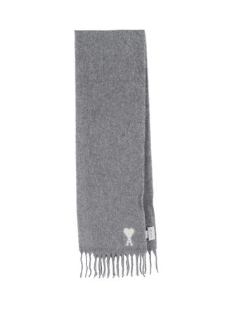 Ami Rectangular Grey Wool Blend Scarf With Fringed Edges And Intarsia Logo