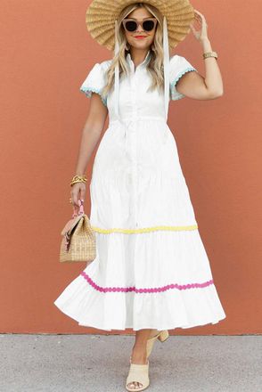 Azura Exchange Womens Tiered Maxi Dress Pompom Trim - White Cotton - Size X-Large