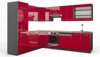 Vicco Cocina Esquinera Fame-line, Burdeos Brillo Intenso/antracita, 227 X 287 Cm, Et Roble