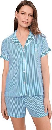 Lauren Ralph Lauren Short Sleeve Notch Collar Boxer PJ Set Womens Pajama Sets Dark Blue Stripe : LG (US 12-14), Cotton/Viscose