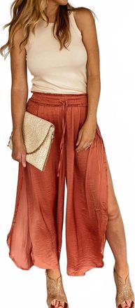 Hem & Thread Hammered Satin Wide Leg Side Slit Pants In Desert Rose