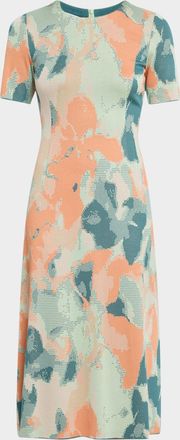 Misook Floral Knit Short-Sleeve A-Line Midi Dress