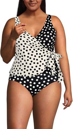 Lands End Chlorine Resistant Side Tie V-neck Tankini Swimsuit Top in Black/egret Mixed Tossed Dots at Nordstrom, Size 16W