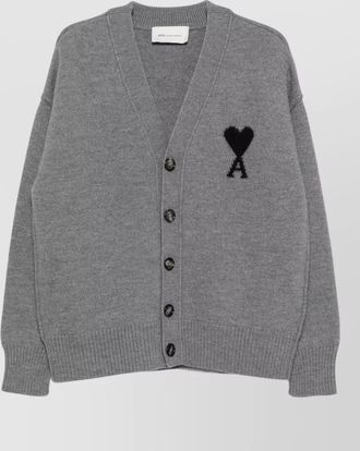 Ami wool intarsia-knit crew-neck long-sleeve cardigan