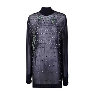 Dries Van Noten Long High-Neck Shirt with Crystal-Embellished Scarf - female - Dries Van Noten - Blouses - Blue - S - Blouses & Shirts