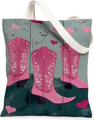 Generic Vintage Western Canvas Tote Bags, Floral Boots Pattern Reusable Shopping Bags, Stylish Lightweight Washable Shoulder Strap, Peach, 13x15 Inch