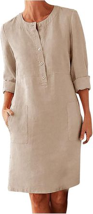 Generic Linen Cotton Dress for Women Womens Half Button Down Linen Dress Button Up Shirt with Pockets Round Neck (Khaki,L)