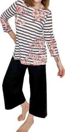 Multiples Floral Three Quarter Sleeve Top In Stripe & Pink