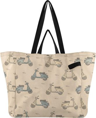Generic Scooter Motorcycle Beige print Reusable Canvas Tote Bag, Heavy Duty Grocery Shopping Bag with Double Handles Large Capacity Hard Bottom Work Groceries