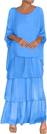 Generic Muslim Dress for Women Chiffon Mesh Batwing Sleeve Round Neck Layered Tiered Maxi Length Casual Kaftan with Flowy Hem Ramadan Eid Islamic Middle East 