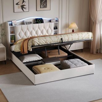 OEM Estructura De Cama 160x200 Cm Con Led Y Somier De Lamas, Cama Doble 160x200 Cm, Cama Con Arc&oacute;n 160x200 Cm, 2 Personas, Terciopelo Beige