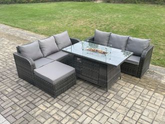 Fimous Rattan Garden Furniture Set with Fire Pit Table 7 Seater Outdoor Patio Lounge Sofa Set Dark Grey Mixed